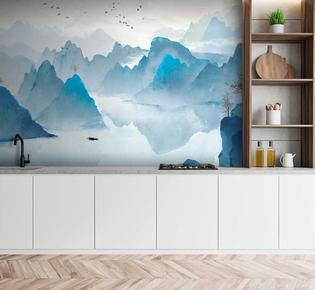 Watercolor painting of mountains and birds