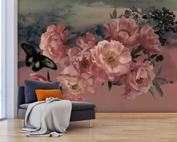 Fotótapéta Pillangó repül egy csokor rózsaszín virág felett