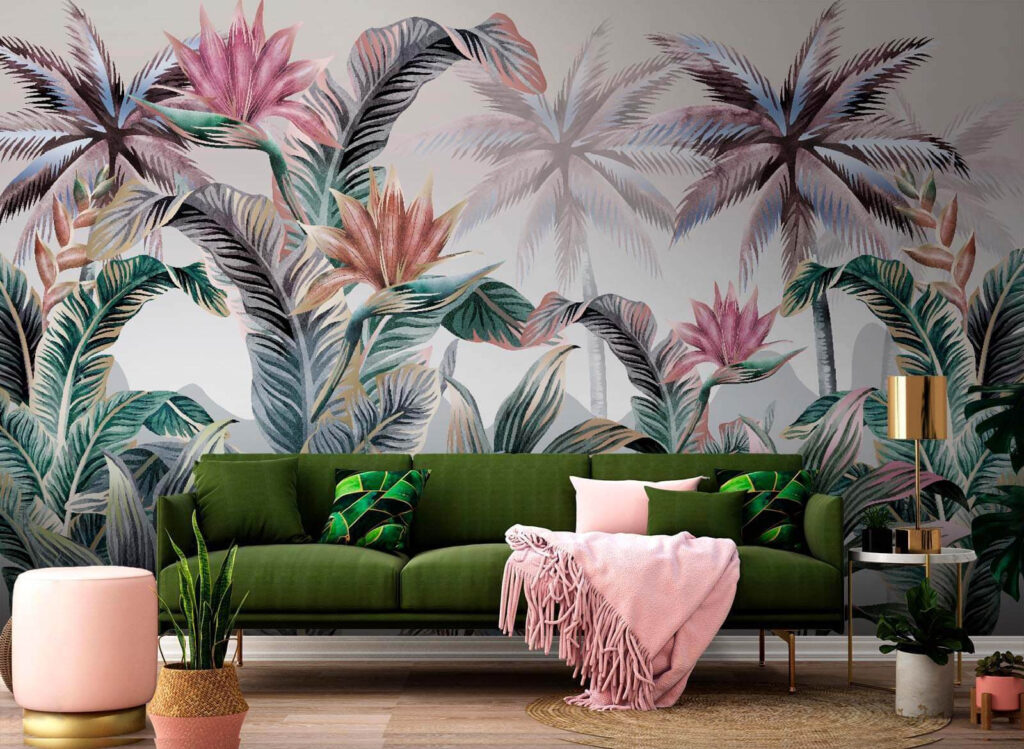 Wallpaper with palm trees and flowers Wallpaper with palm trees and flowers