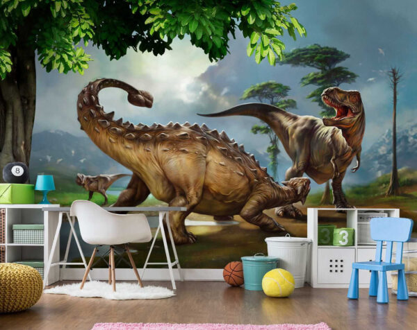 Dinoszauruszok festménye egy folyó mellett Dinoszauruszok festménye egy folyó mellett