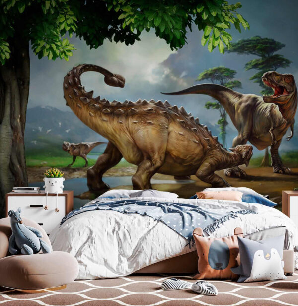 Dinoszauruszok festménye egy folyó mellett Dinoszauruszok festménye egy folyó mellett