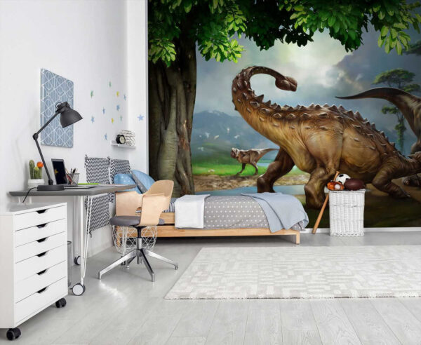 Dinoszauruszok festménye egy folyó mellett Dinoszauruszok festménye egy folyó mellett
