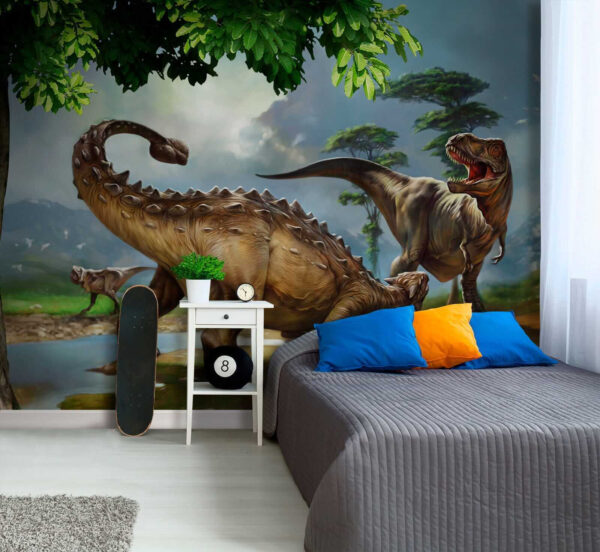 Dinoszauruszok festménye egy folyó mellett Dinoszauruszok festménye egy folyó mellett