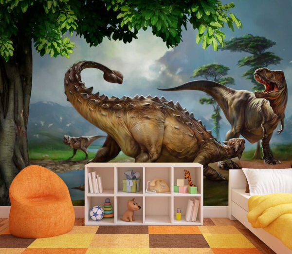 Dinoszauruszok festménye egy folyó mellett Dinoszauruszok festménye egy folyó mellett