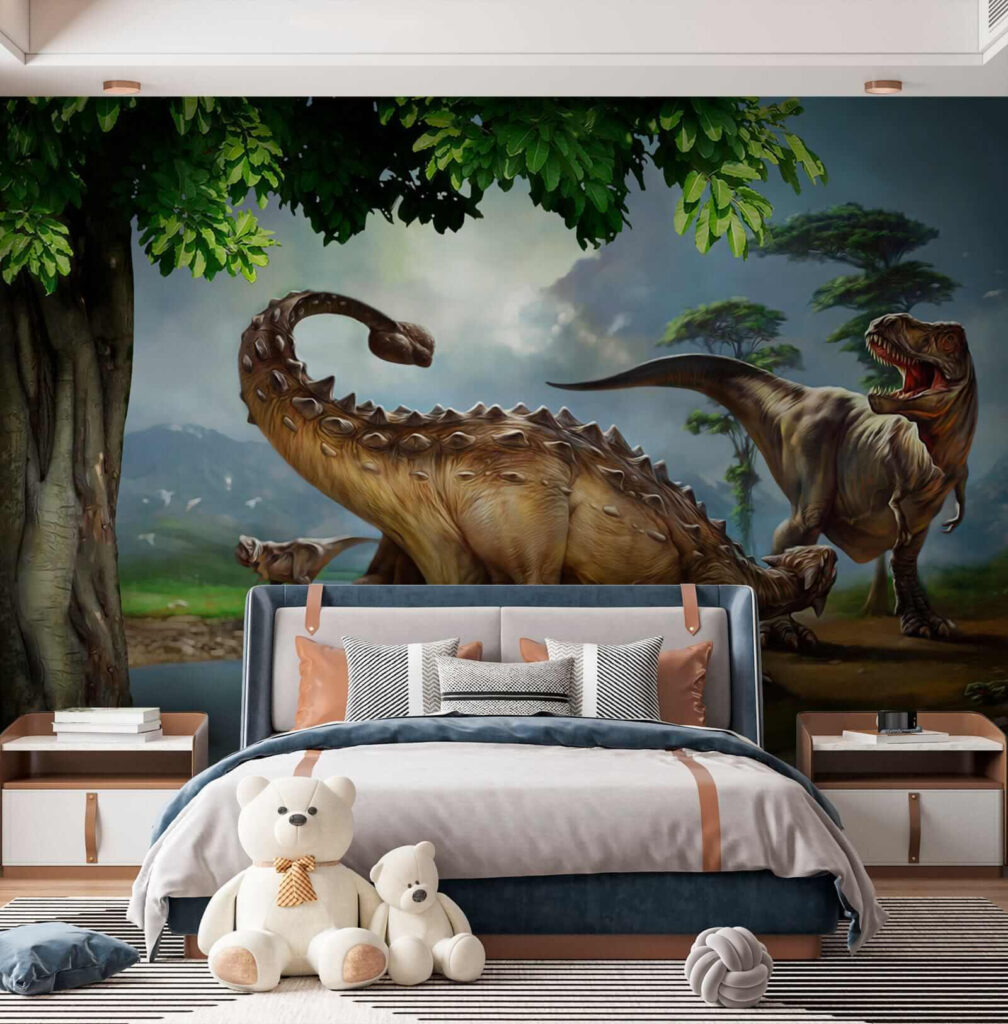 Painting of dinosaurs near a river