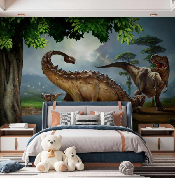 Dinoszauruszok festménye egy folyó mellett Dinoszauruszok festménye egy folyó mellett