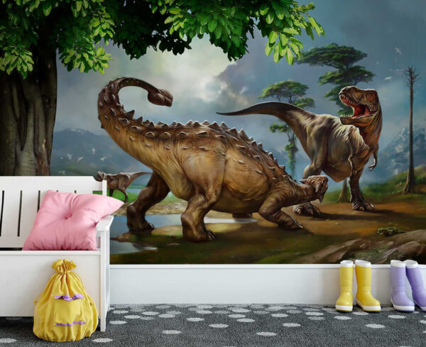 Dinoszauruszok festménye egy folyó mellett Dinoszauruszok festménye egy folyó mellett