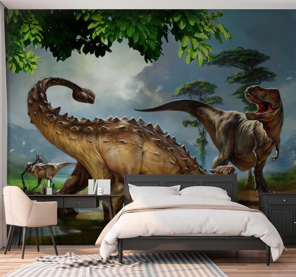 Painting of dinosaurs near a river