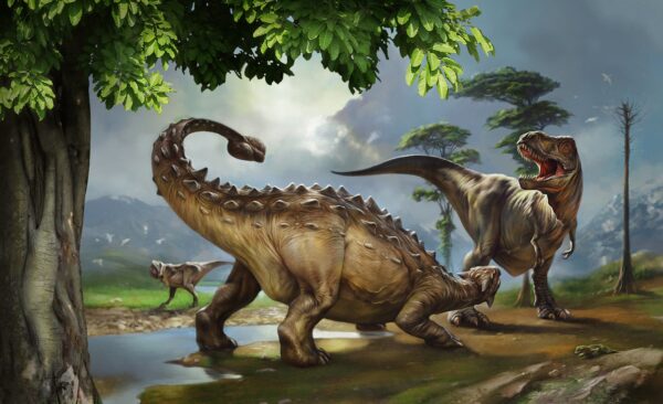 Dinoszauruszok festménye egy folyó mellett Dinoszauruszok festménye egy folyó mellett