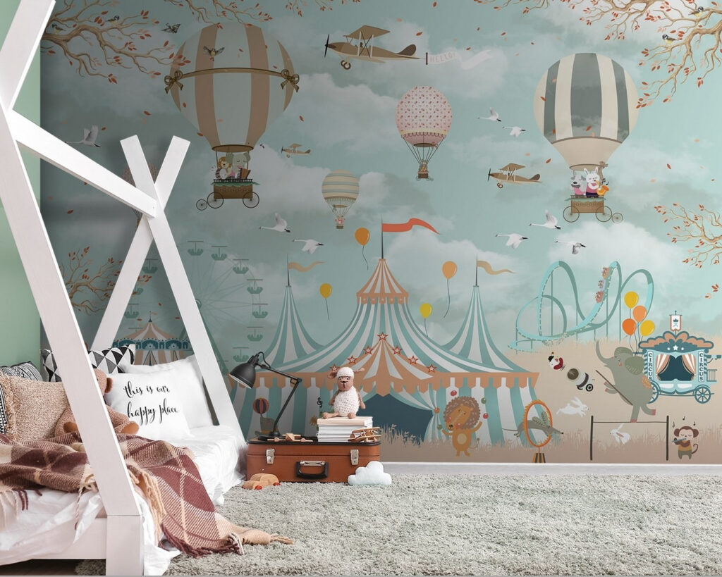 Circus tent with hot air balloons and birds Circus tent with hot air balloons and birds