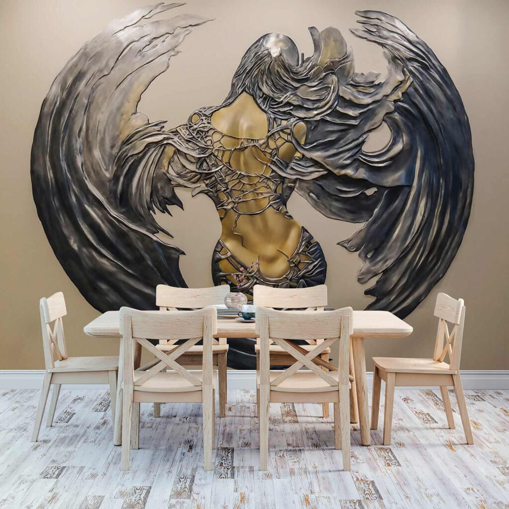 Metal sculpture of a woman with wings