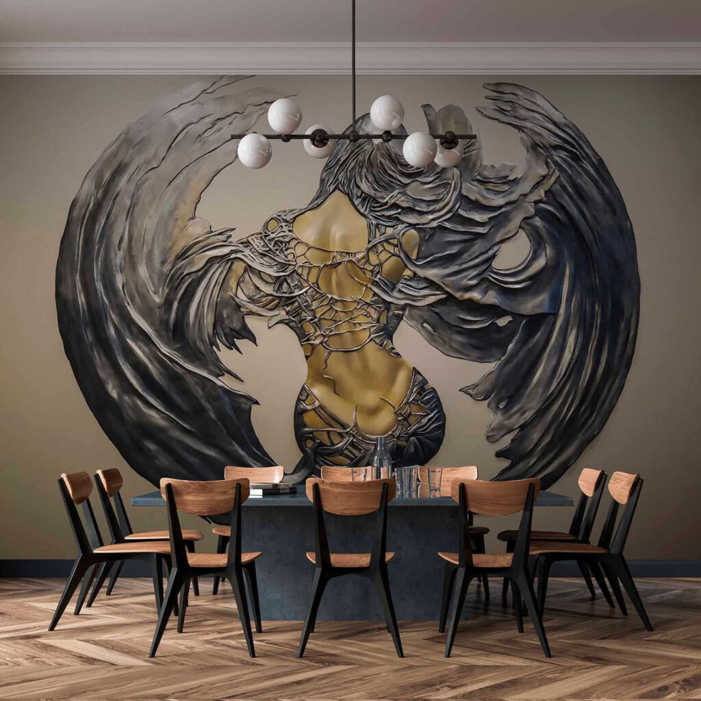 Metal sculpture of a woman with wings