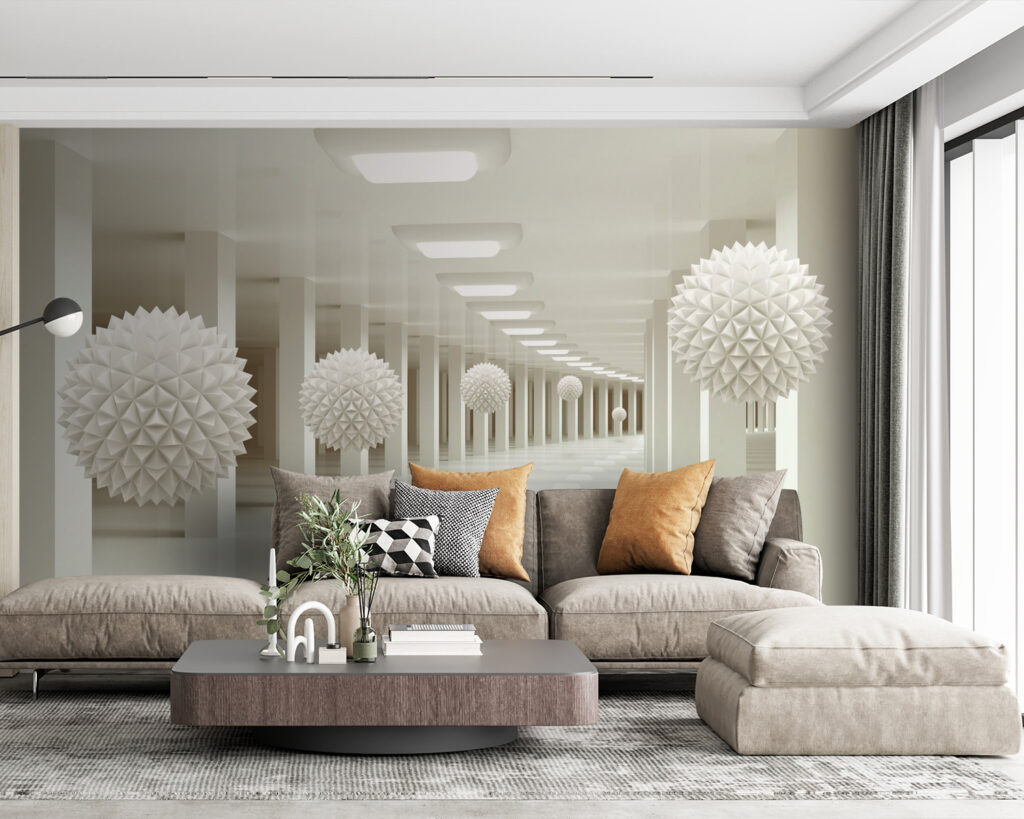 White room with white balls from the ceiling White room with white balls from the ceiling