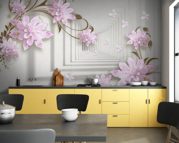 Wallpaper with flowers and swirls