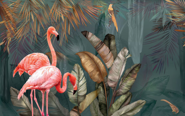 Rózsaszín flamingók és egy madár az erdőben Rózsaszín flamingók és egy madár az erdőben