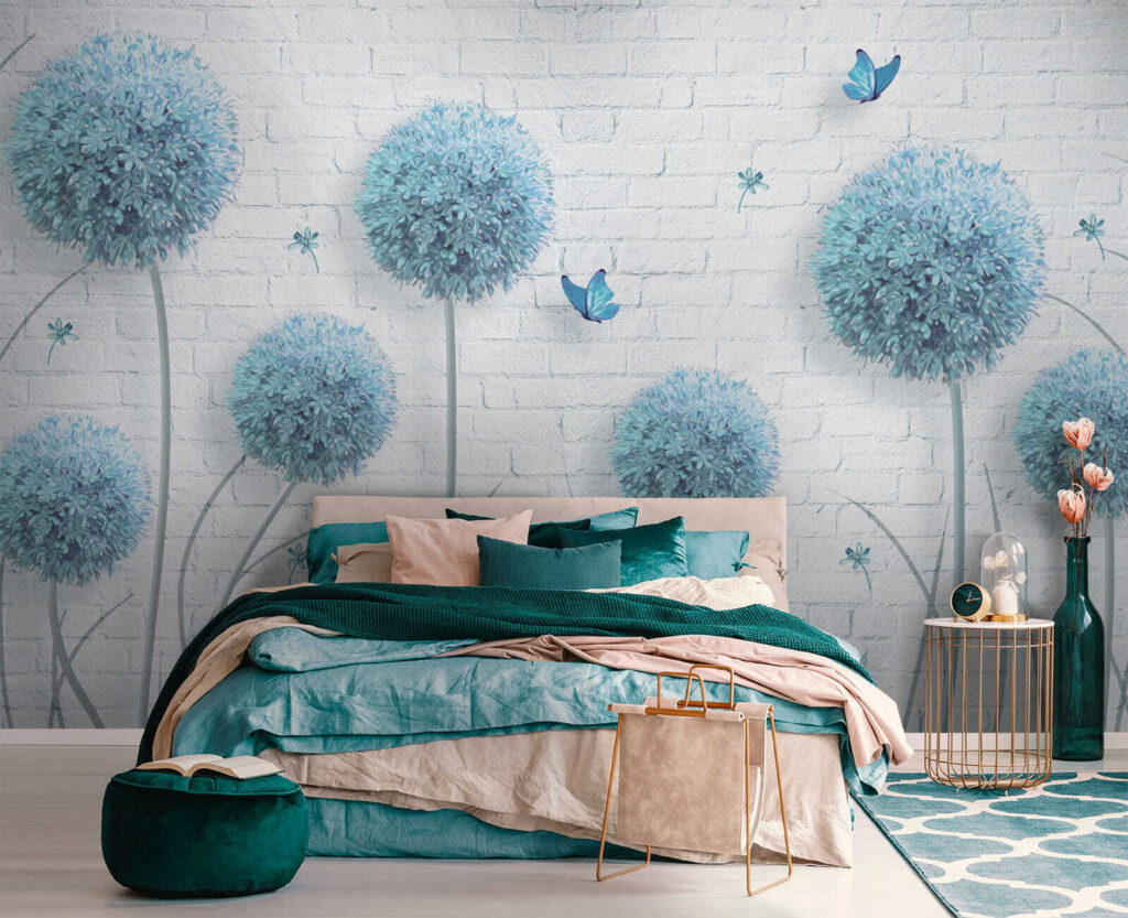 Wallpaper with blue flowers and butterflies Wallpaper with blue flowers and butterflies