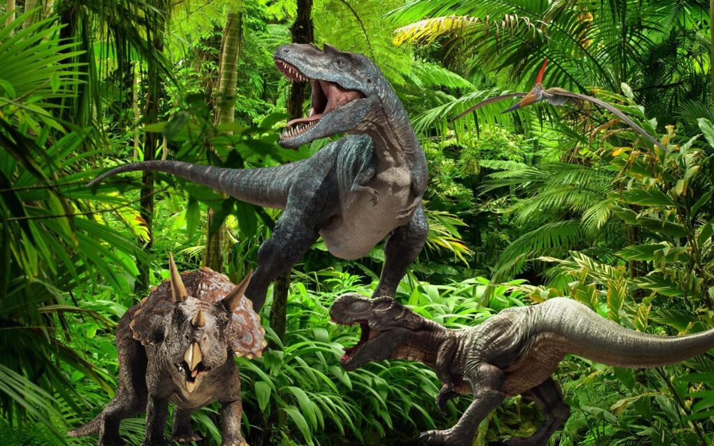 Dinoszauruszok csoportja az erdőben Dinoszauruszok csoportja az erdőben