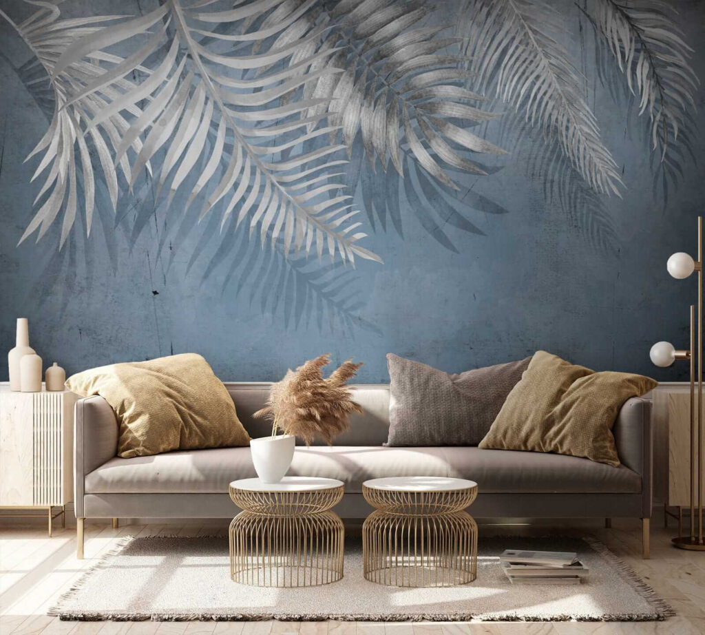 Blue background with silver leaves Blue background with silver leaves