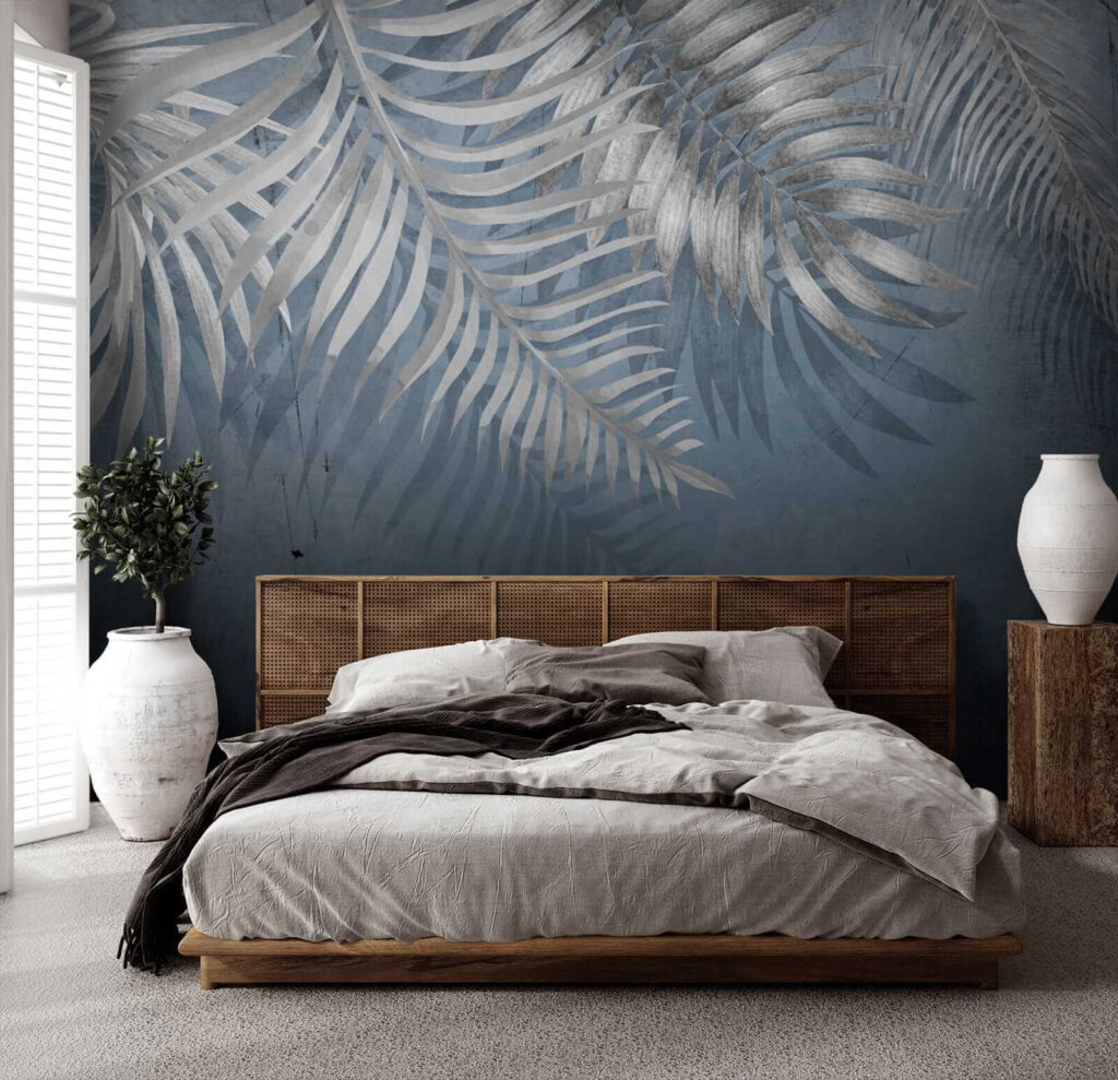 Blue background with silver leaves Blue background with silver leaves