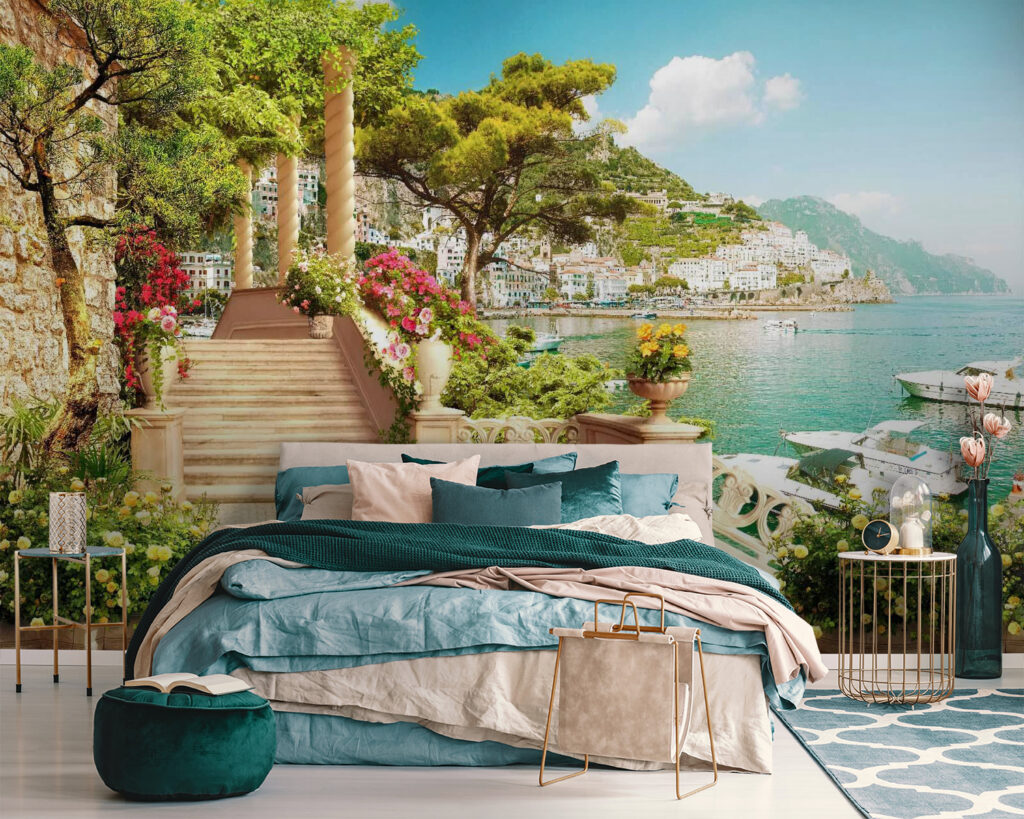 Stone staircase with flowers and trees on the side of the water Stone staircase with flowers and trees on the side of the water