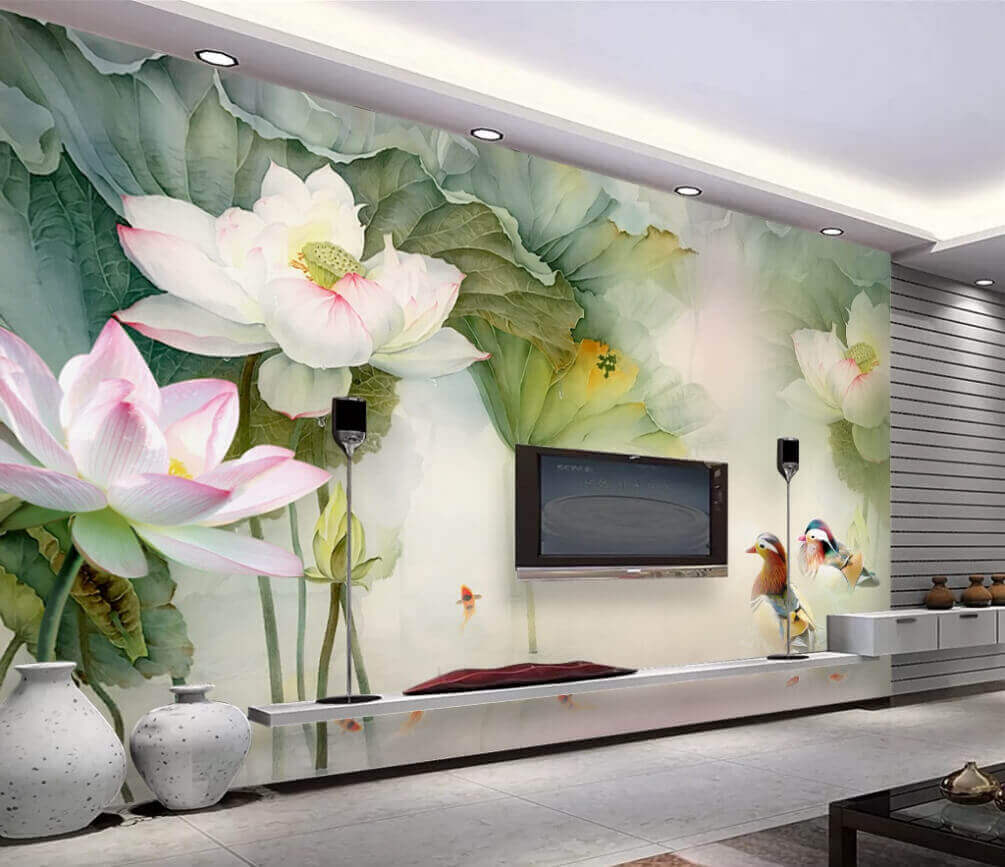 u10109pig1m - Festmény egy kacsa úszás egy tóban virágokkal - tegory