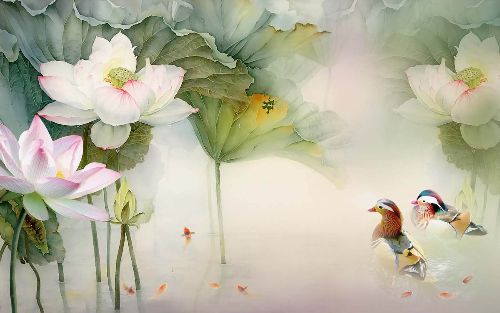 u10109p - Festmény egy kacsa úszás egy tóban virágokkal - tegory