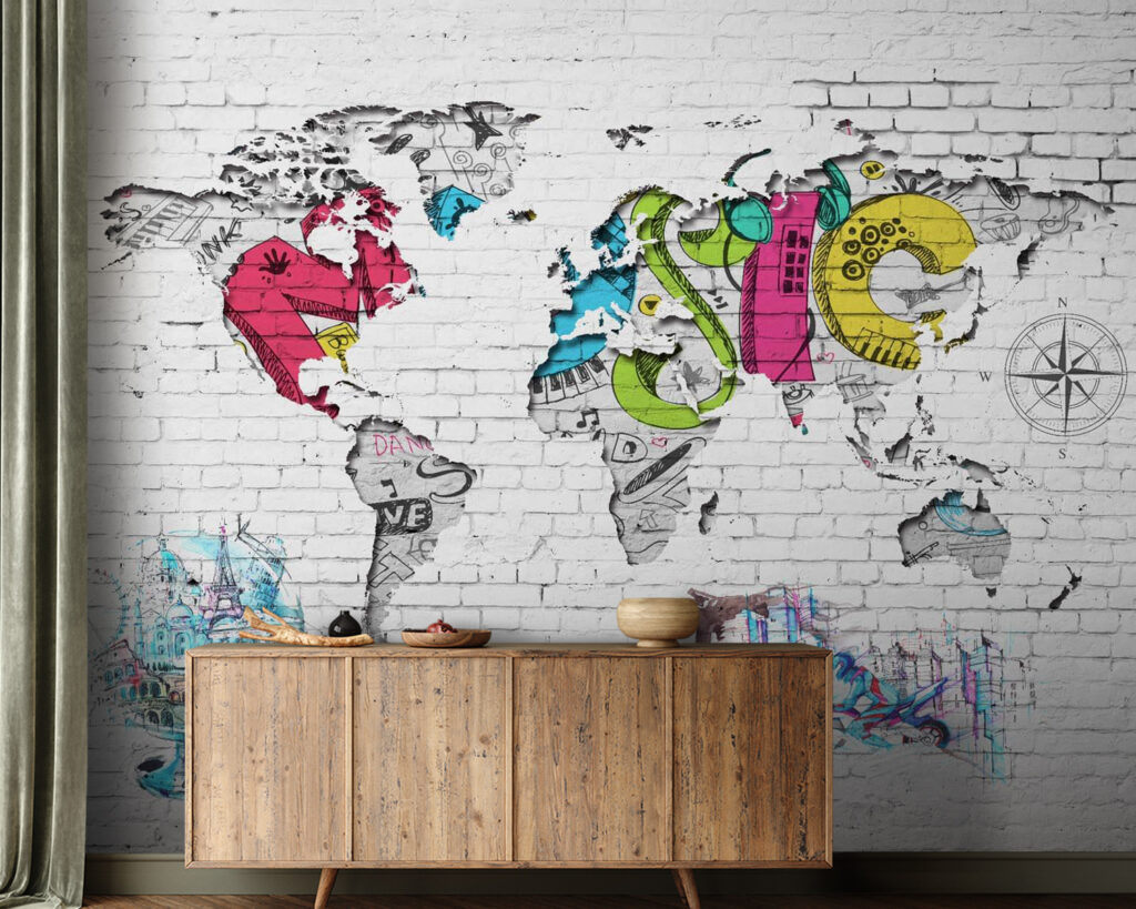 Map of the world painted on a brick wall