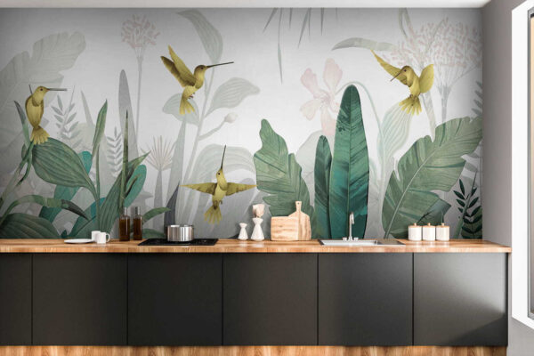 Hummingbirds flying over plants