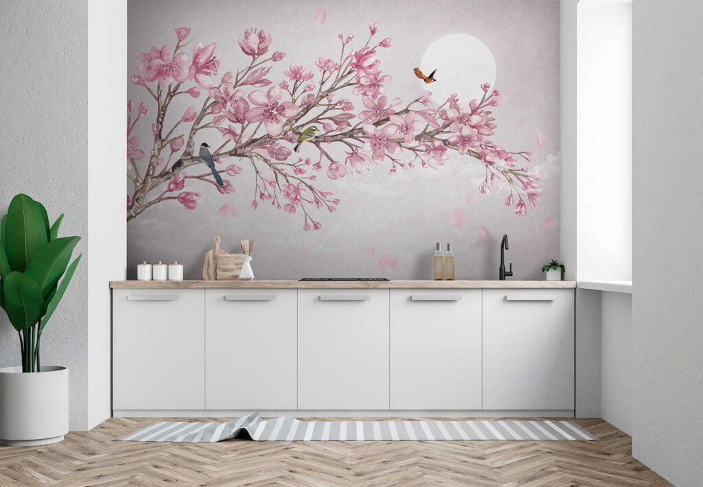 Painting of a branch with pink flowers and birds Painting of a branch with pink flowers and birds
