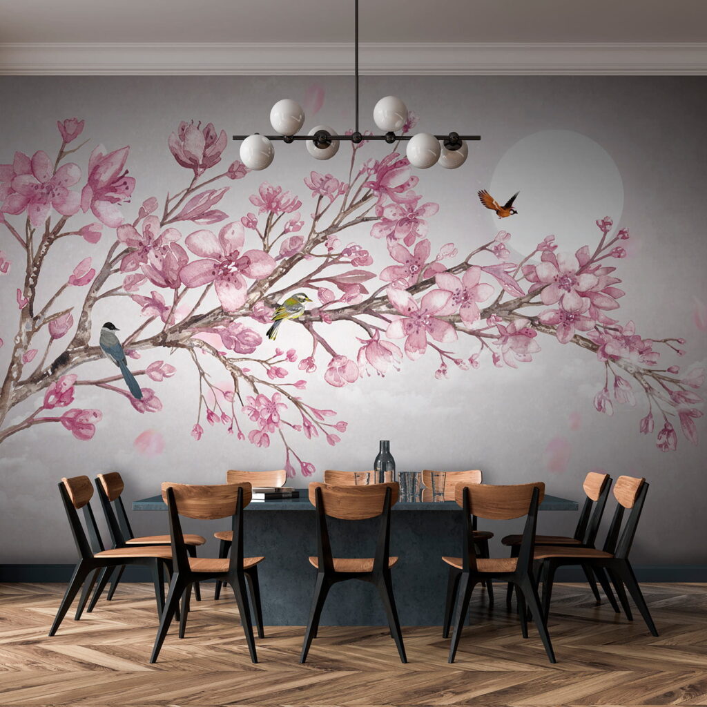 Painting of a branch with pink flowers and birds Painting of a branch with pink flowers and birds