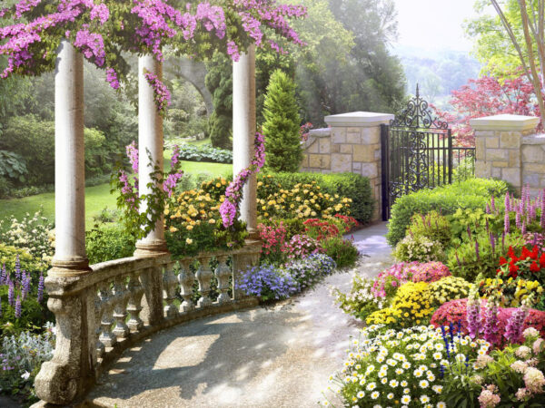 Garden with a gate and flowers