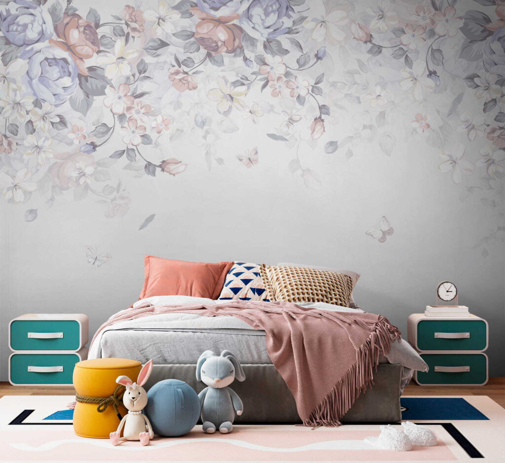 White background with flowers and butterflies White background with flowers and butterflies