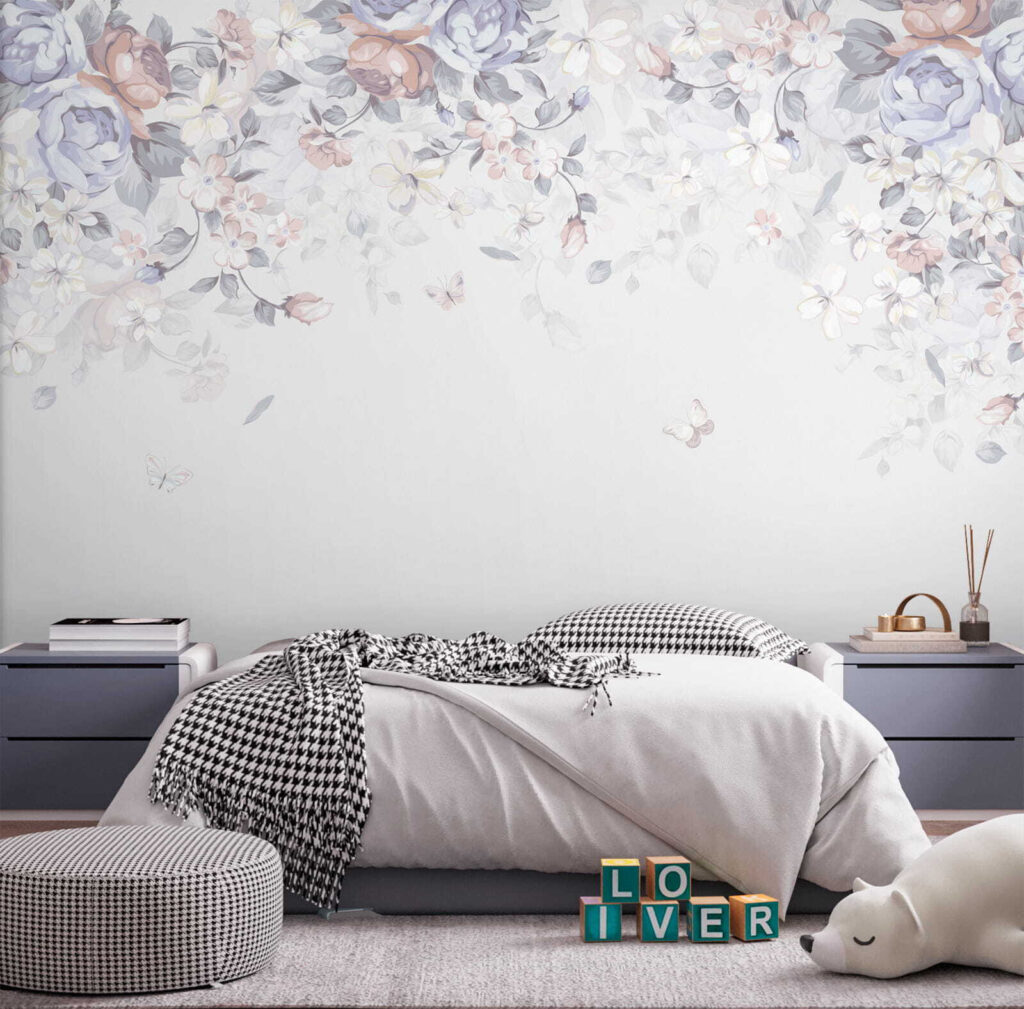 White background with flowers and butterflies White background with flowers and butterflies