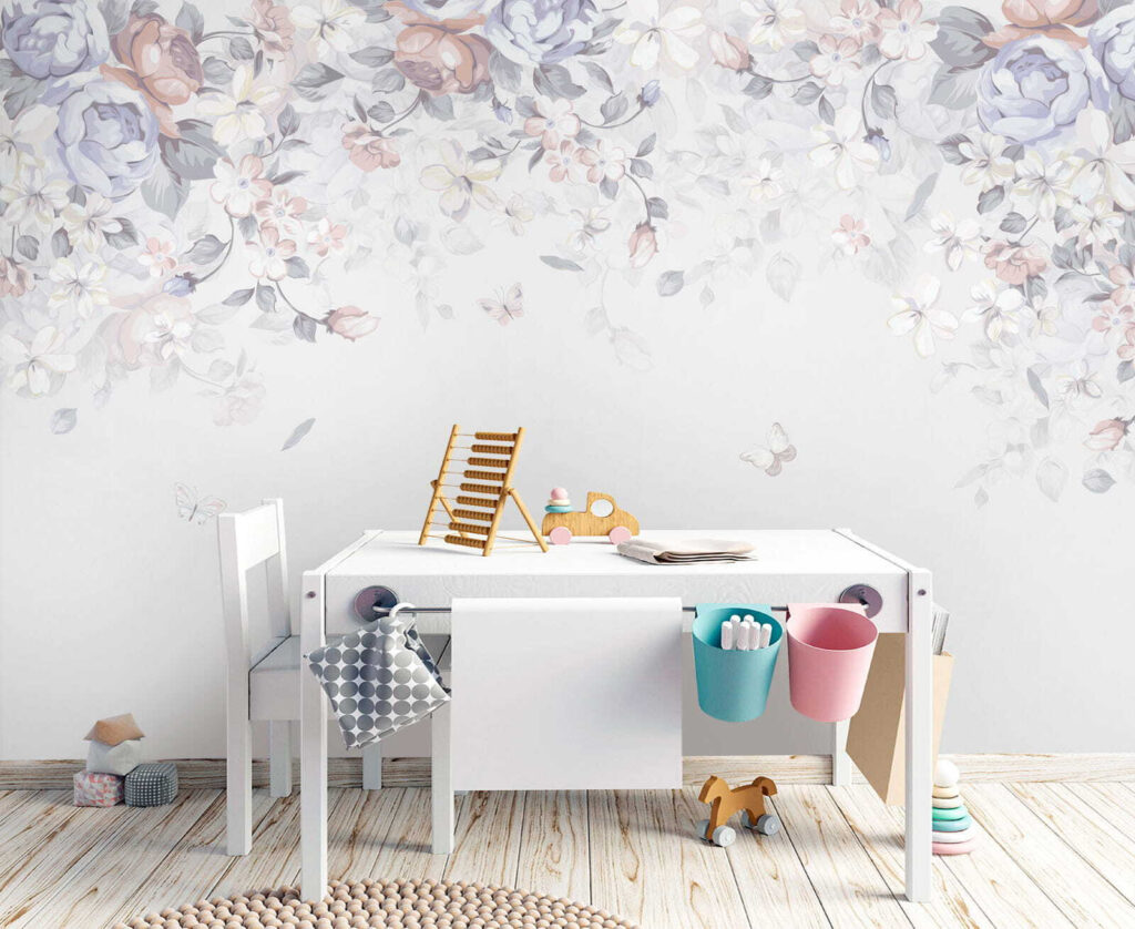 White background with flowers and butterflies White background with flowers and butterflies