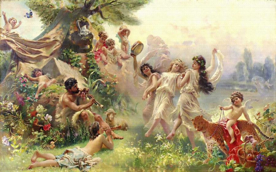 Festmény emberek táncolnak egy erdőben