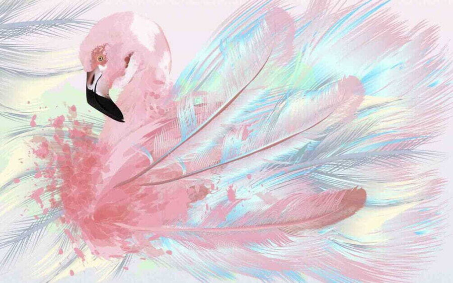 Rózsaszín flamingó fehér és kék tollakkal Rózsaszín flamingó fehér és kék tollakkal