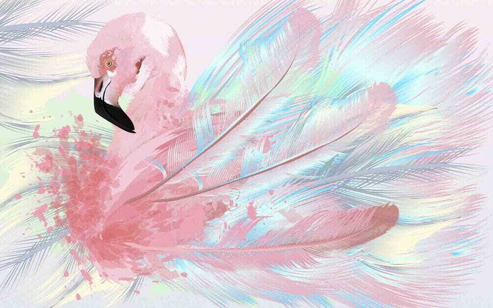 Rózsaszín flamingó fehér és kék tollakkal Rózsaszín flamingó fehér és kék tollakkal