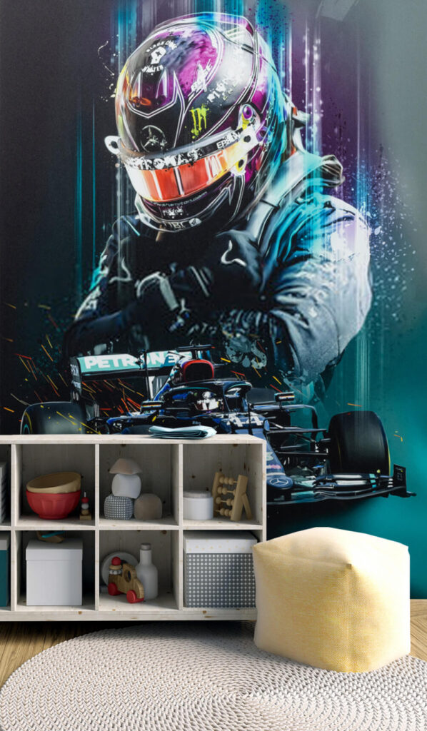 Person wearing a helmet and holding a race car