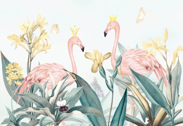 Flamingók csoportja koronával és virágokkal Flamingók csoportja koronával és virágokkal