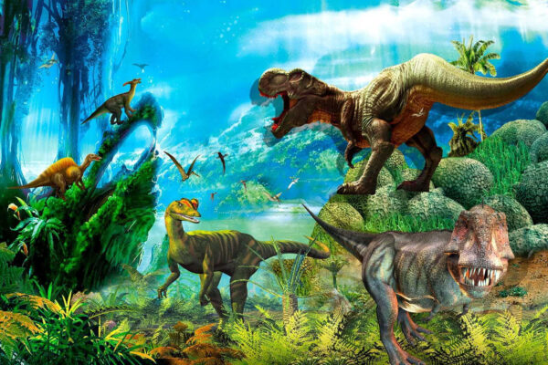 Dinoszauruszok csoportja az erdőben Dinoszauruszok csoportja az erdőben