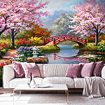 Fotótapéta Festmény egy tóról, híddal és virágokkal