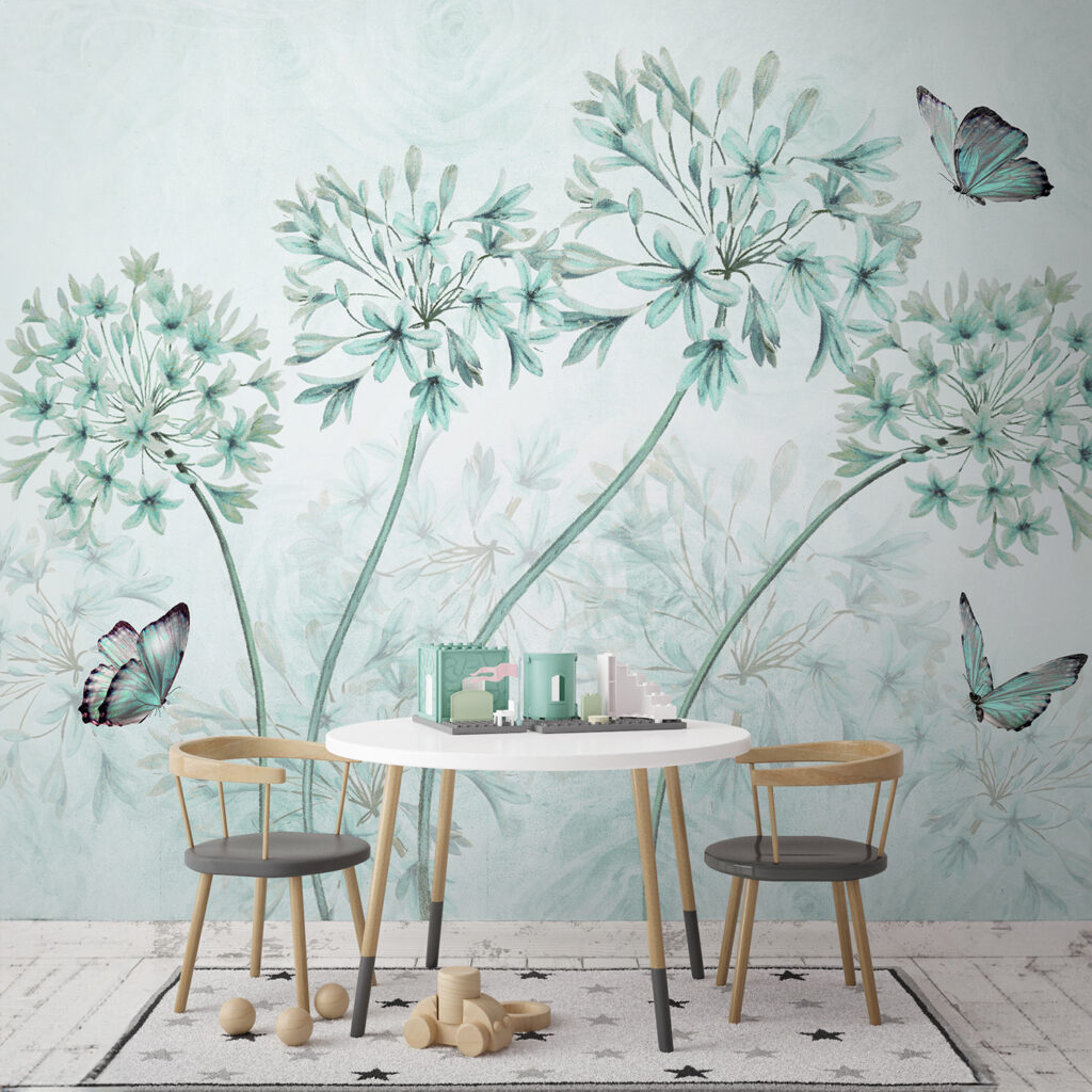 A painting of flowers and butterflies