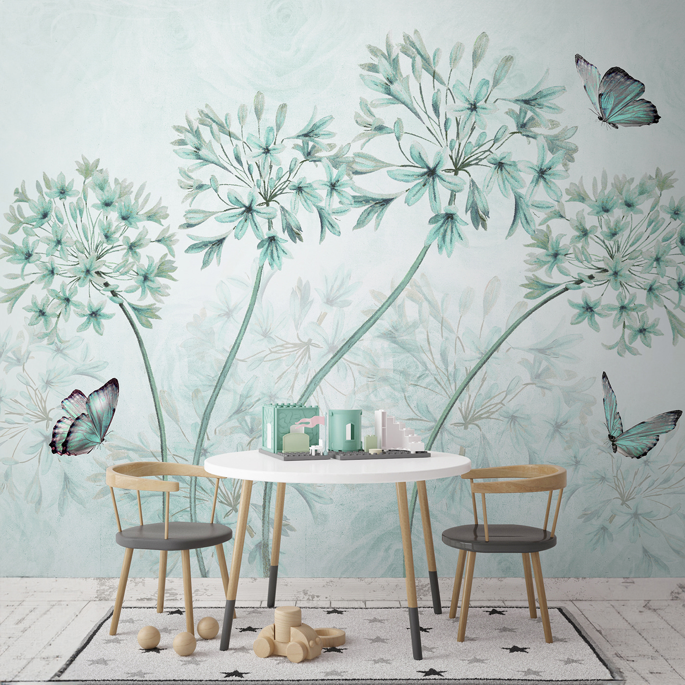 A painting of flowers and butterflies