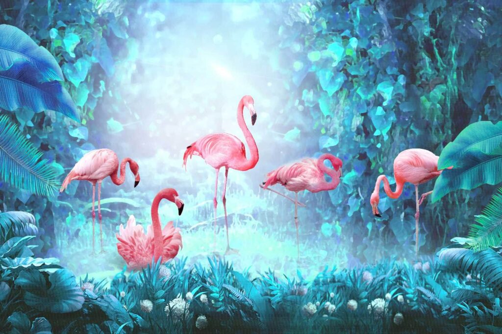 Rózsaszín flamingók csoportja egy erdőben Rózsaszín flamingók csoportja egy erdőben