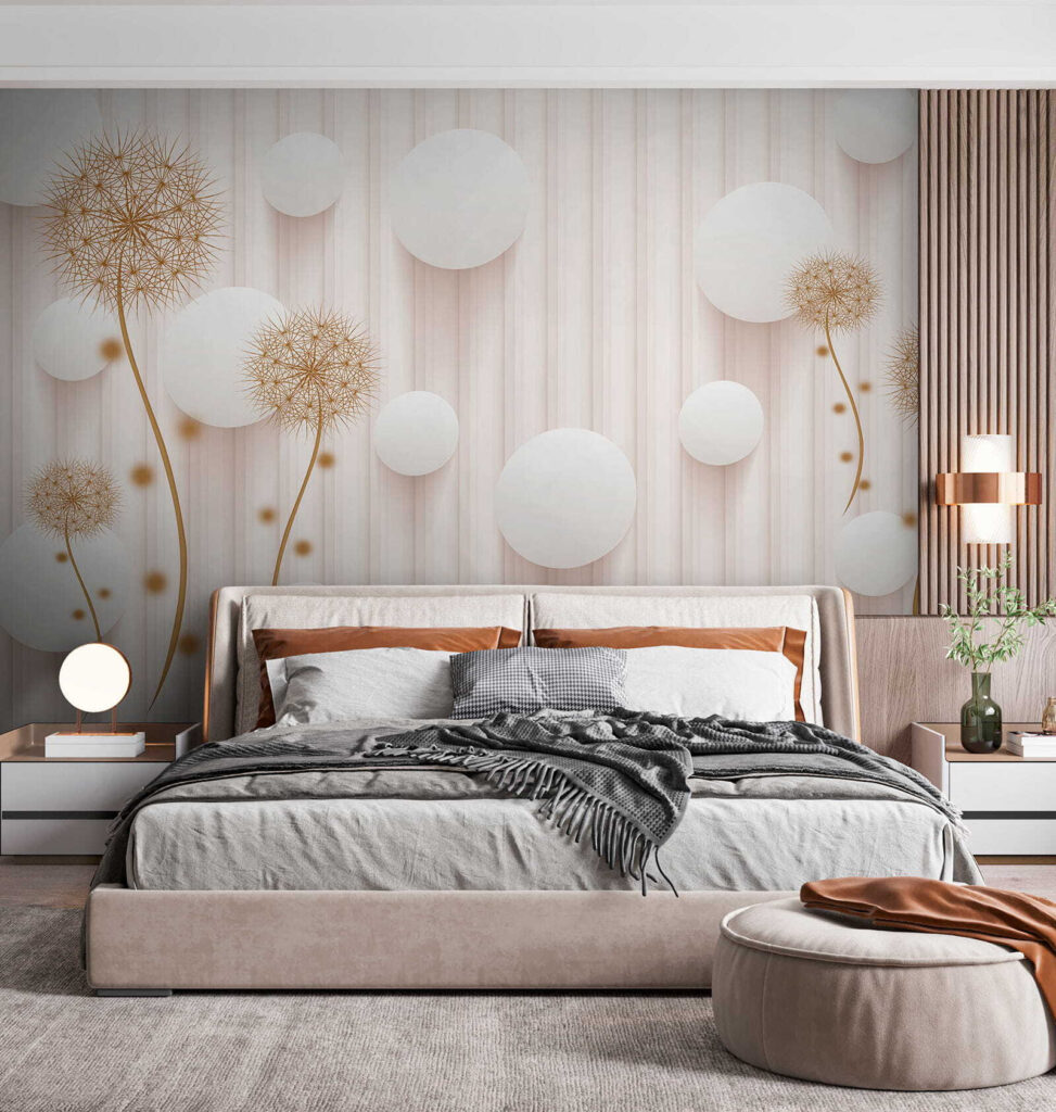 White circles and dandelions on a white background