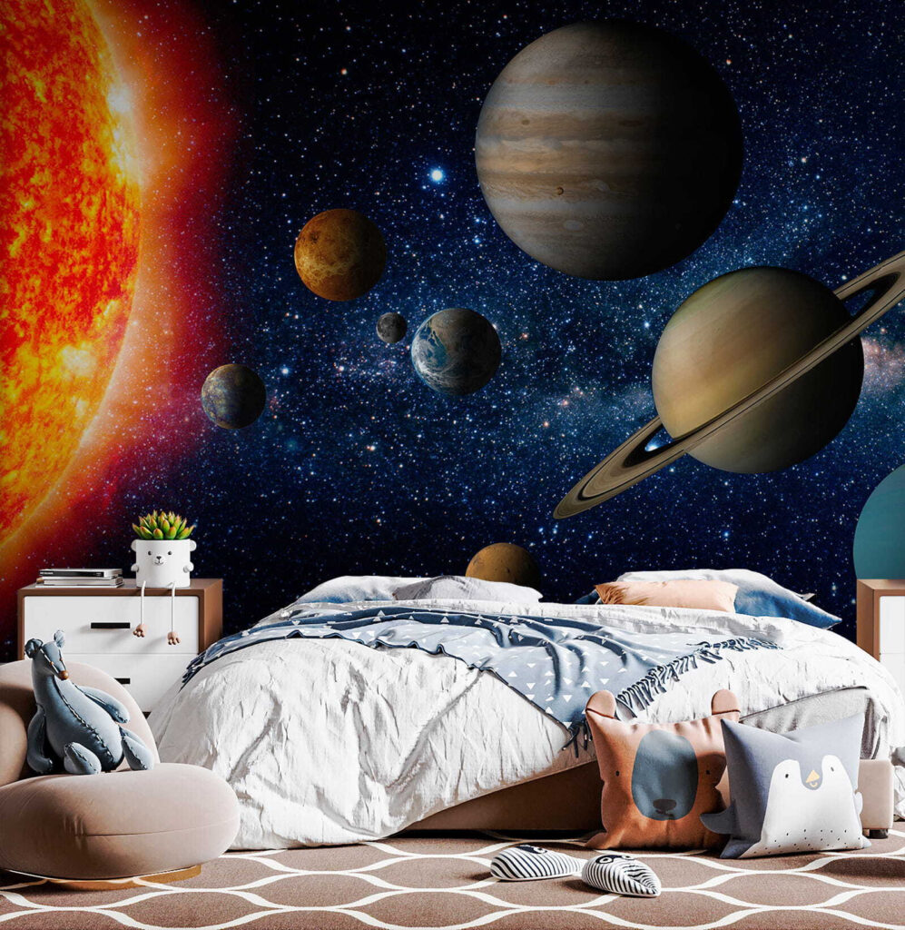 Planets in space with stars and a bright star Planets in space with stars and a bright star