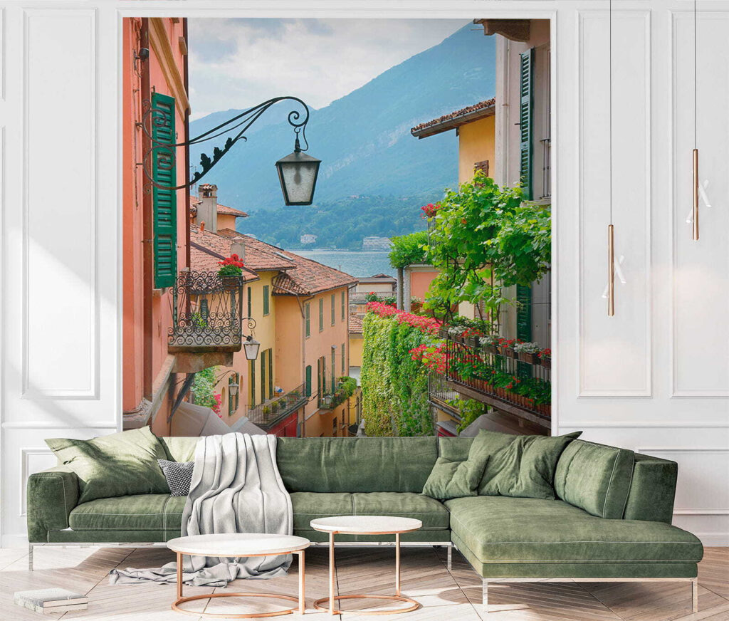 Street with a lamp and flowers on it Street with a lamp and flowers on it