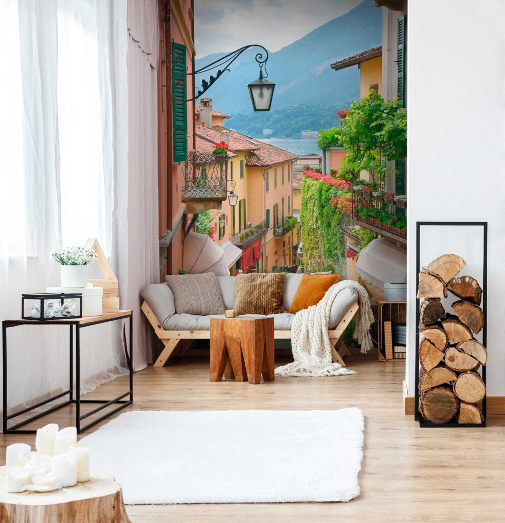 Street with a lamp and flowers on it Street with a lamp and flowers on it