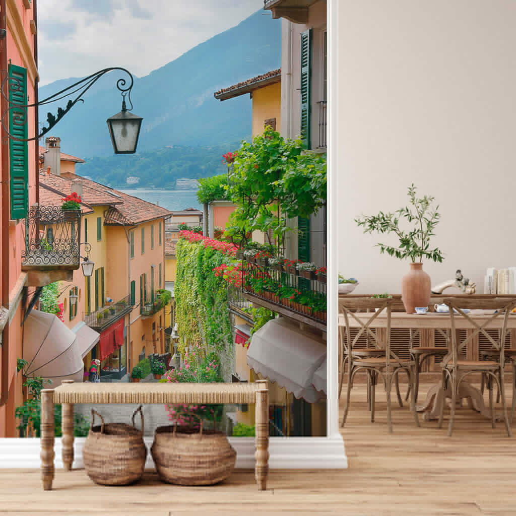 Street with a lamp and flowers on it Street with a lamp and flowers on it