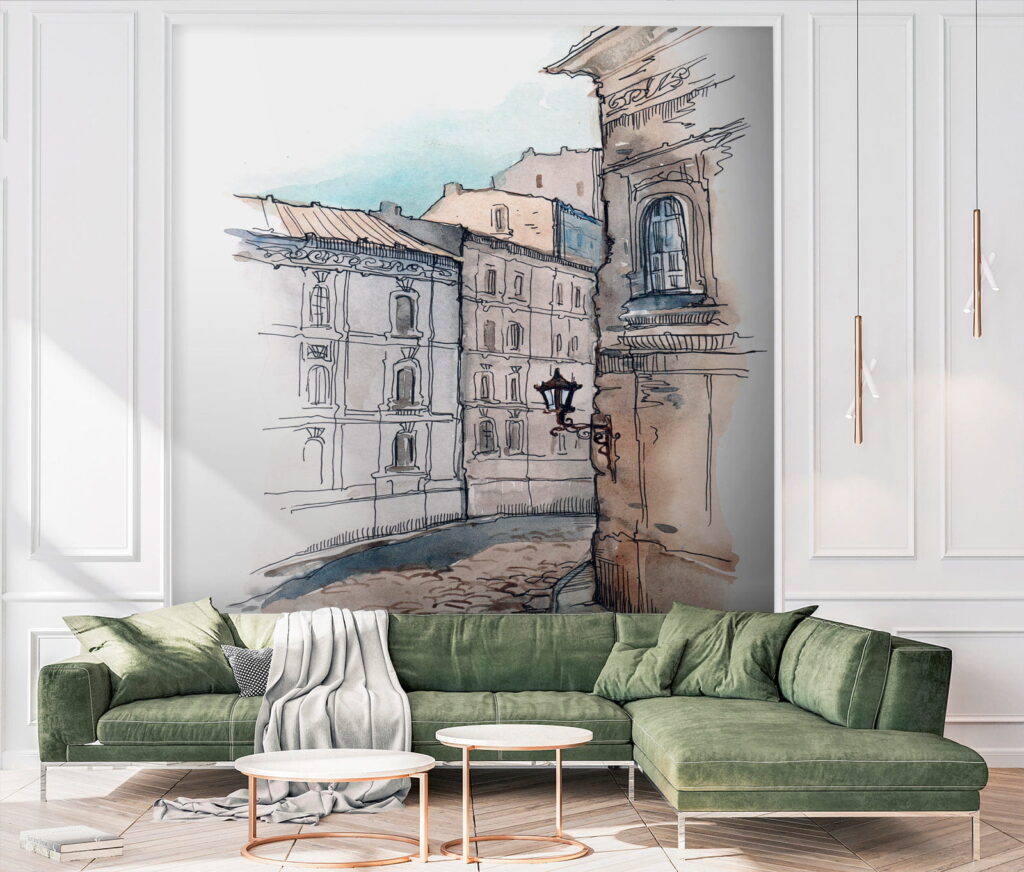 Drawing of a street with buildings